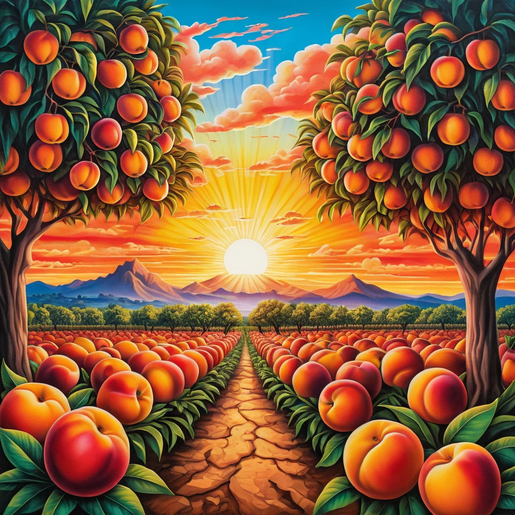 Surreal sunrise orchard with nectarine trees in glowing colors