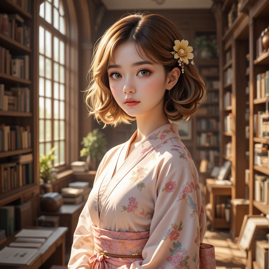 Anime-Mädchen im rosa Kimono in einer warmen Bibliothek