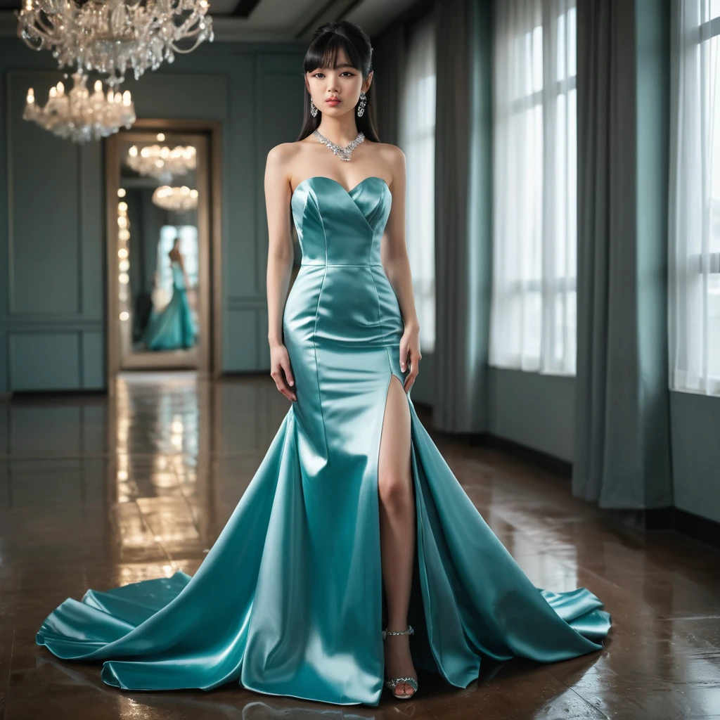 Garota elegante em vestido de noiva de cetim tosca brilhante