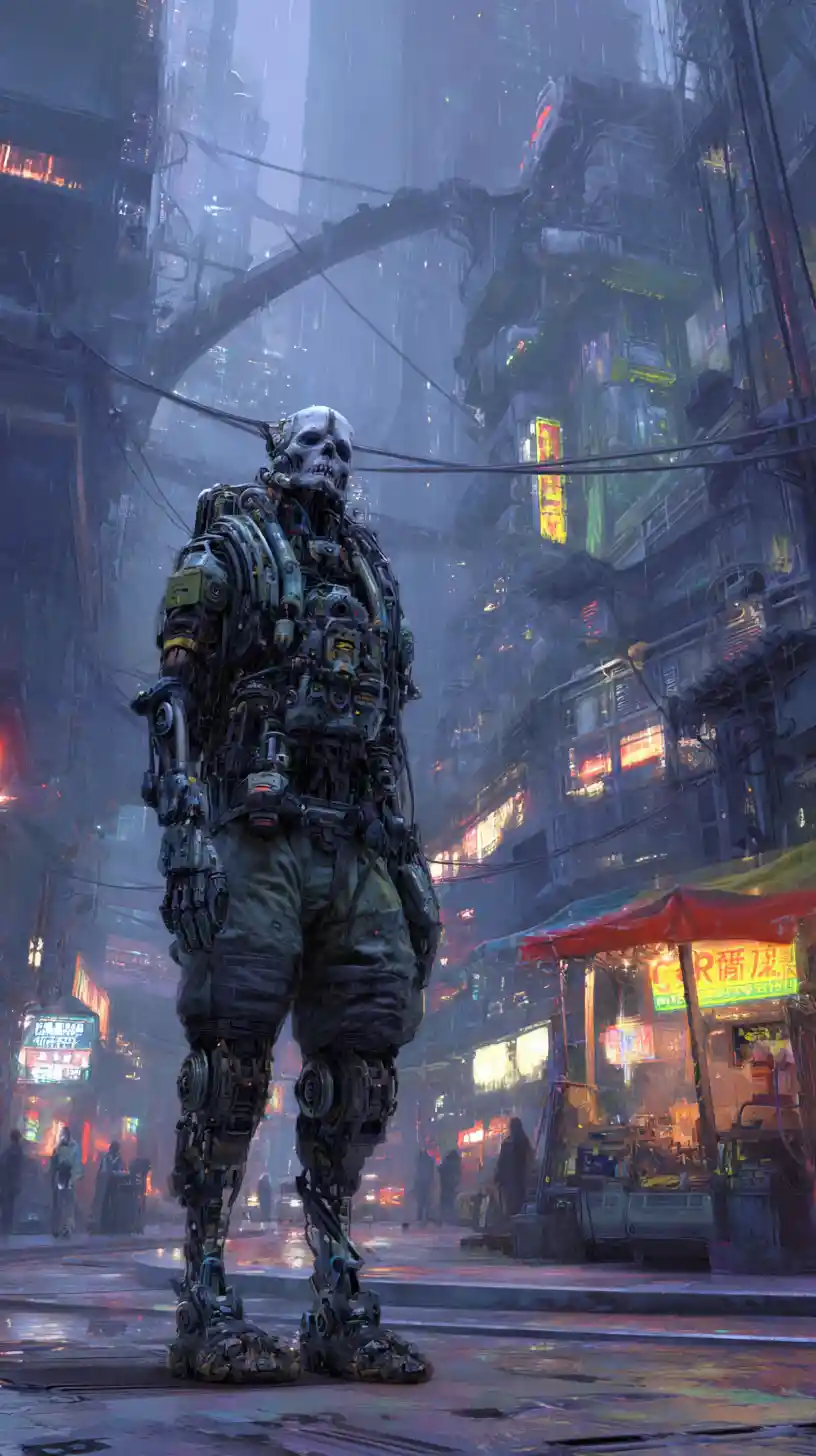 Cyborg warrior in tactical armor in dark cyberpunk street