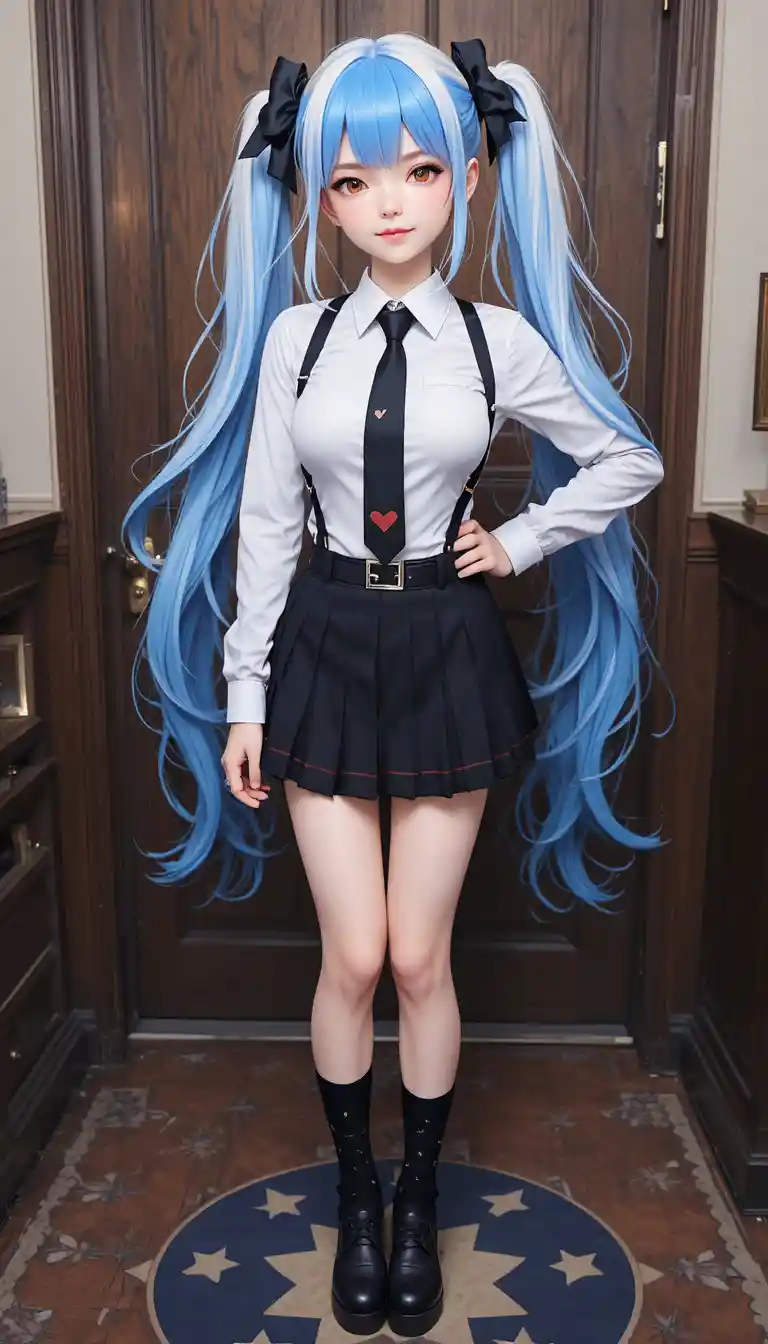 Ragazza anime sorridente in uniforme scolastica al chiuso