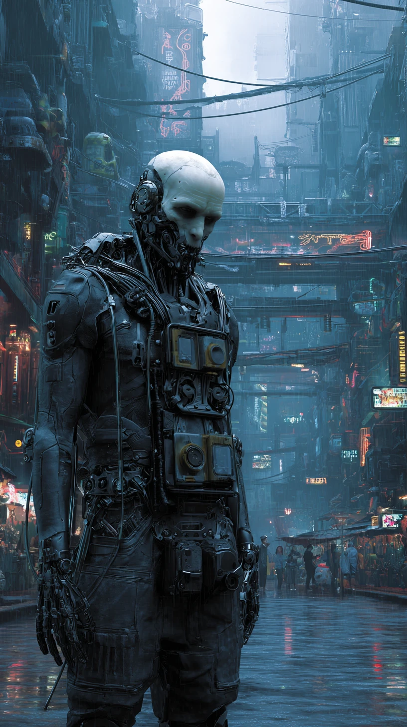 Cyborg cyberpunk minaccioso con pesante armatura tattica, vista frontale