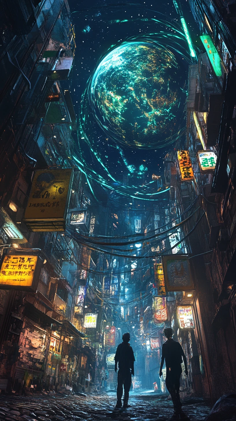 發光宇宙球下的霓虹小巷