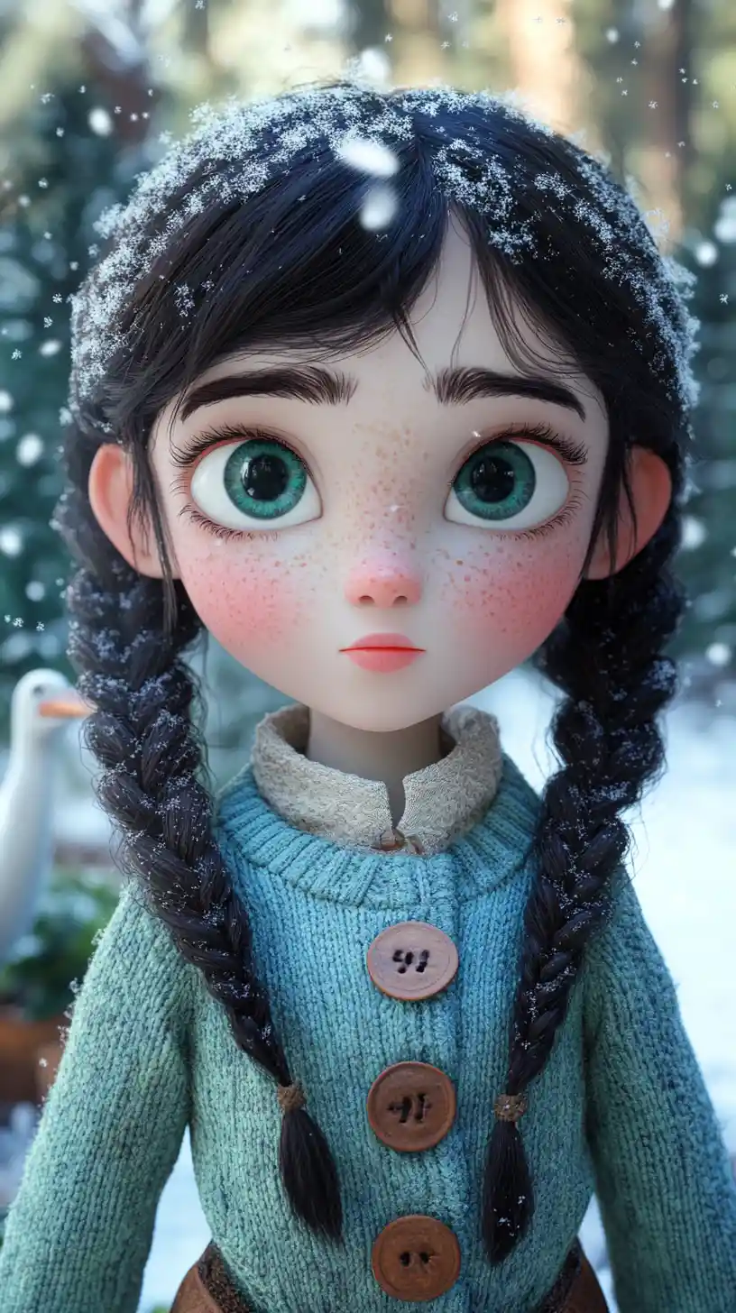 Melancholic girl in a snowy winter coat close up