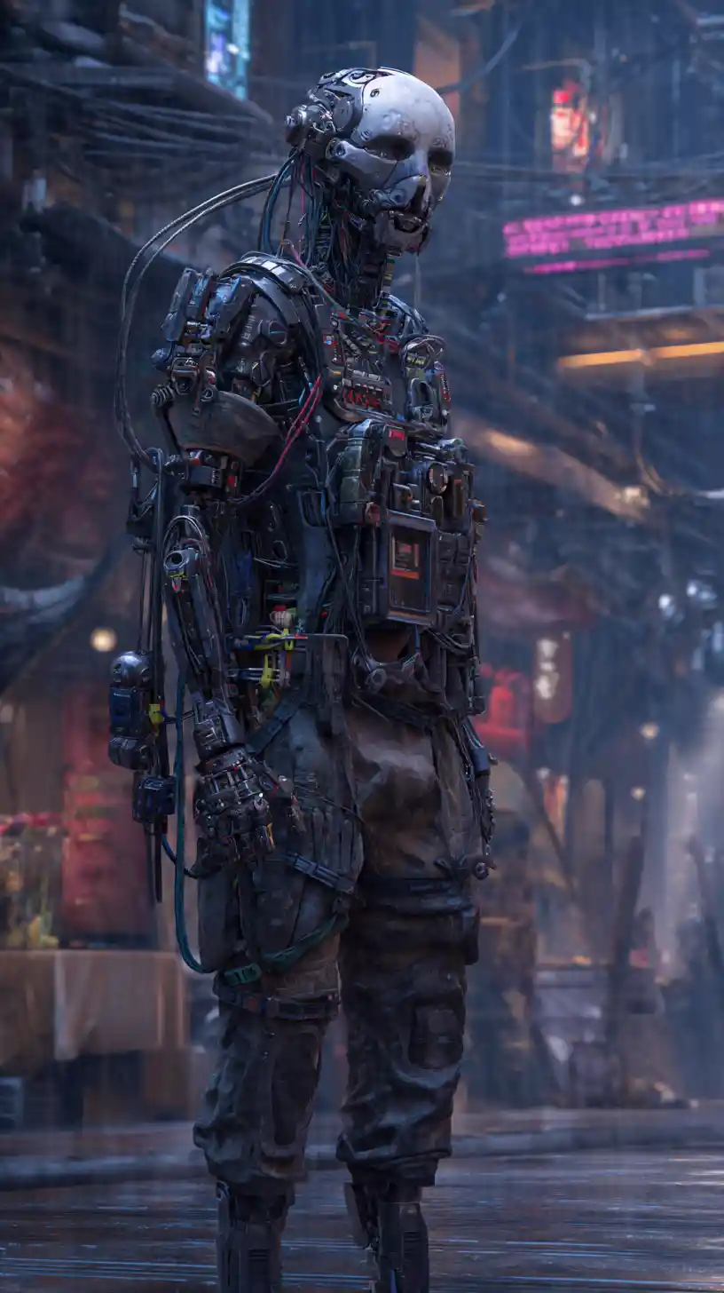 Vollkörper-Cyborg in schwerer Rüstung mit mechanischem Kiefer