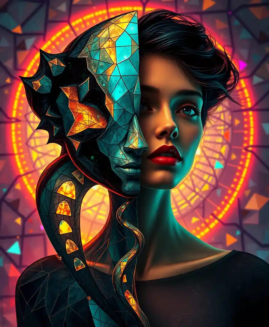Surreal duality portrait glowing in mosaic dreamscape