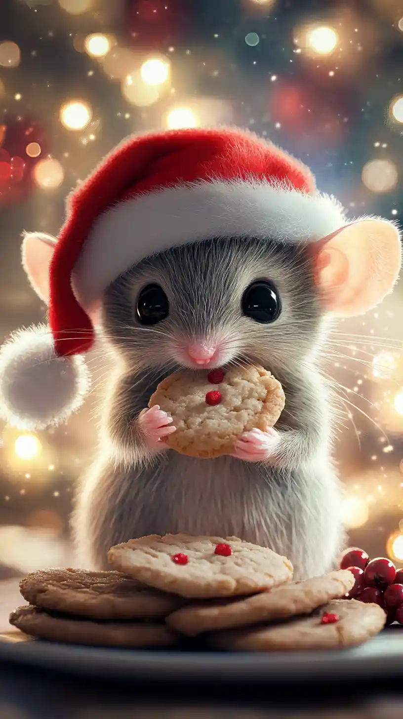 Cute mouse in santa hat holding christmas cookie
