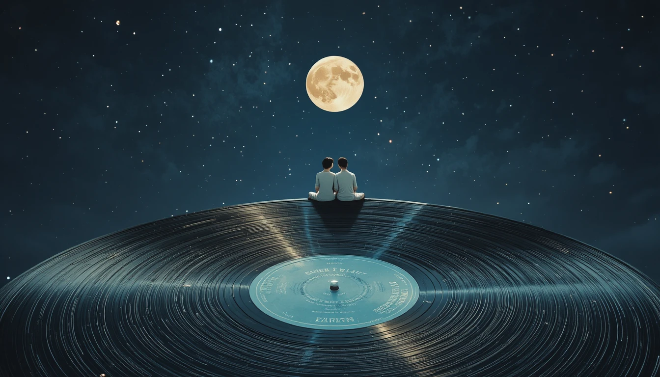 Couple Sitting On Vinyl Record Under Starry Moonlit Sky