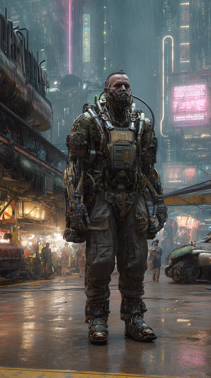 Cyborg amenazante con armadura pesada en una ciudad cyberpunk oscura