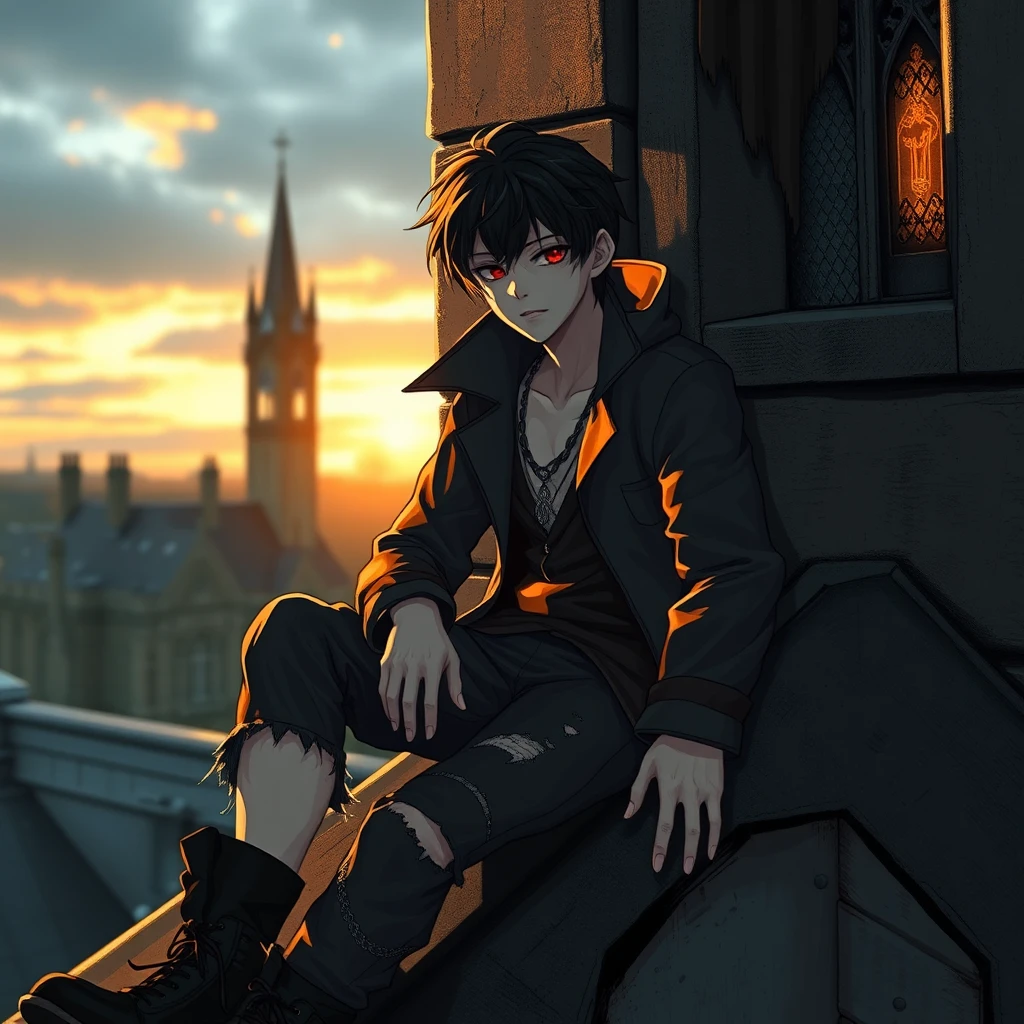 Young male vampire on a gothic church roof at sunset
