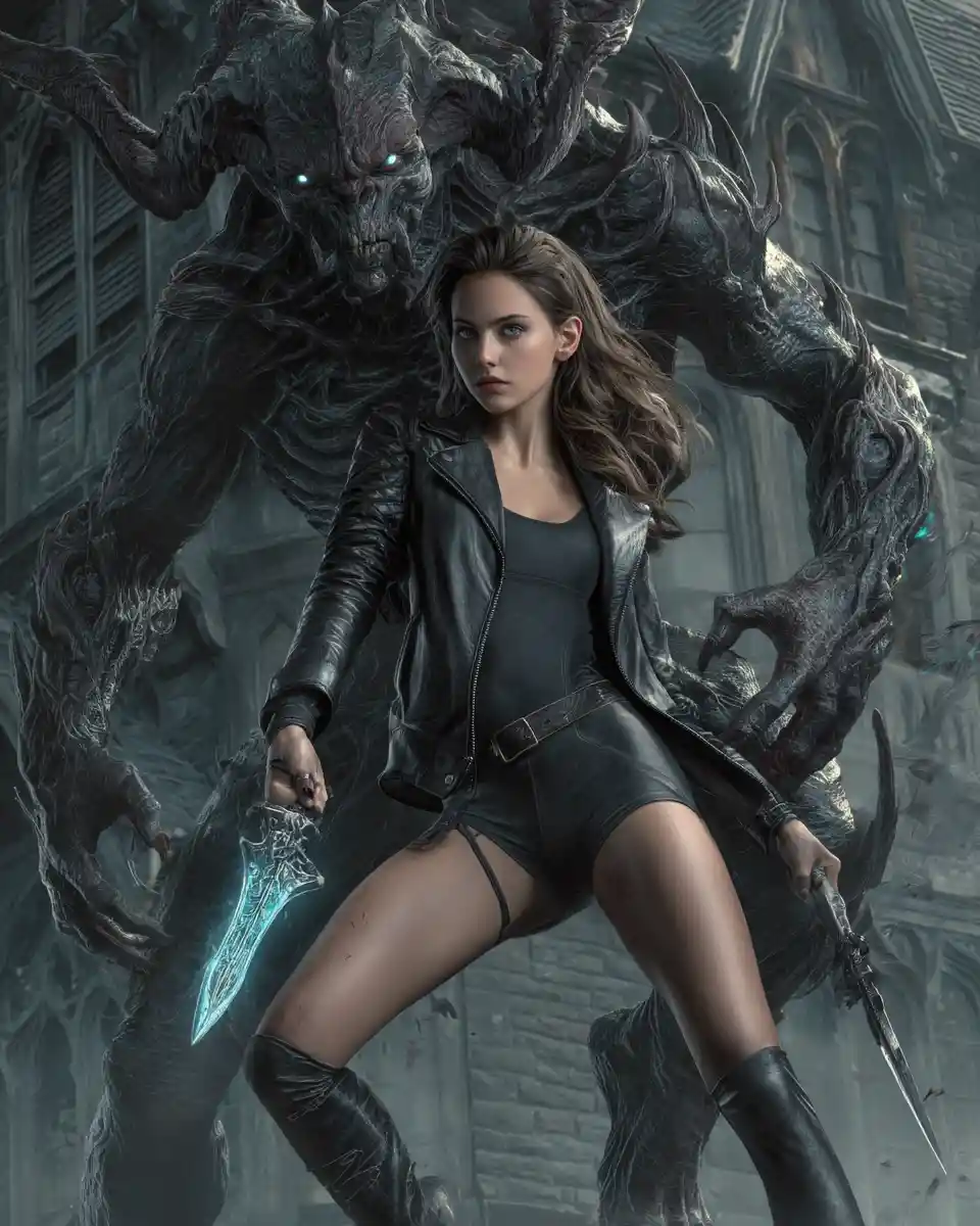 Woman warrior facing a towering shadow demon indoors