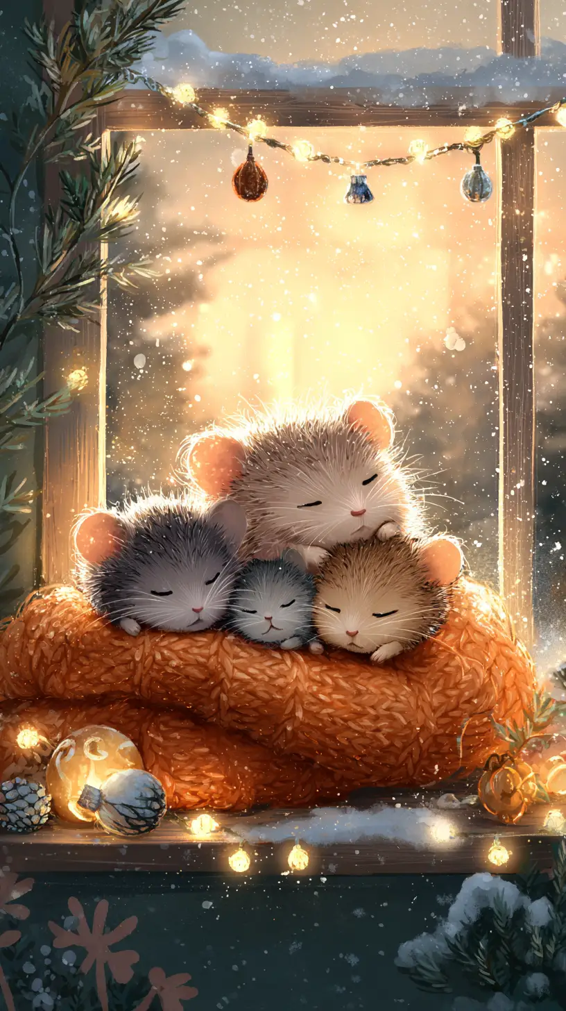 Cozy Mice Family Sleeping On Winter Windowsill