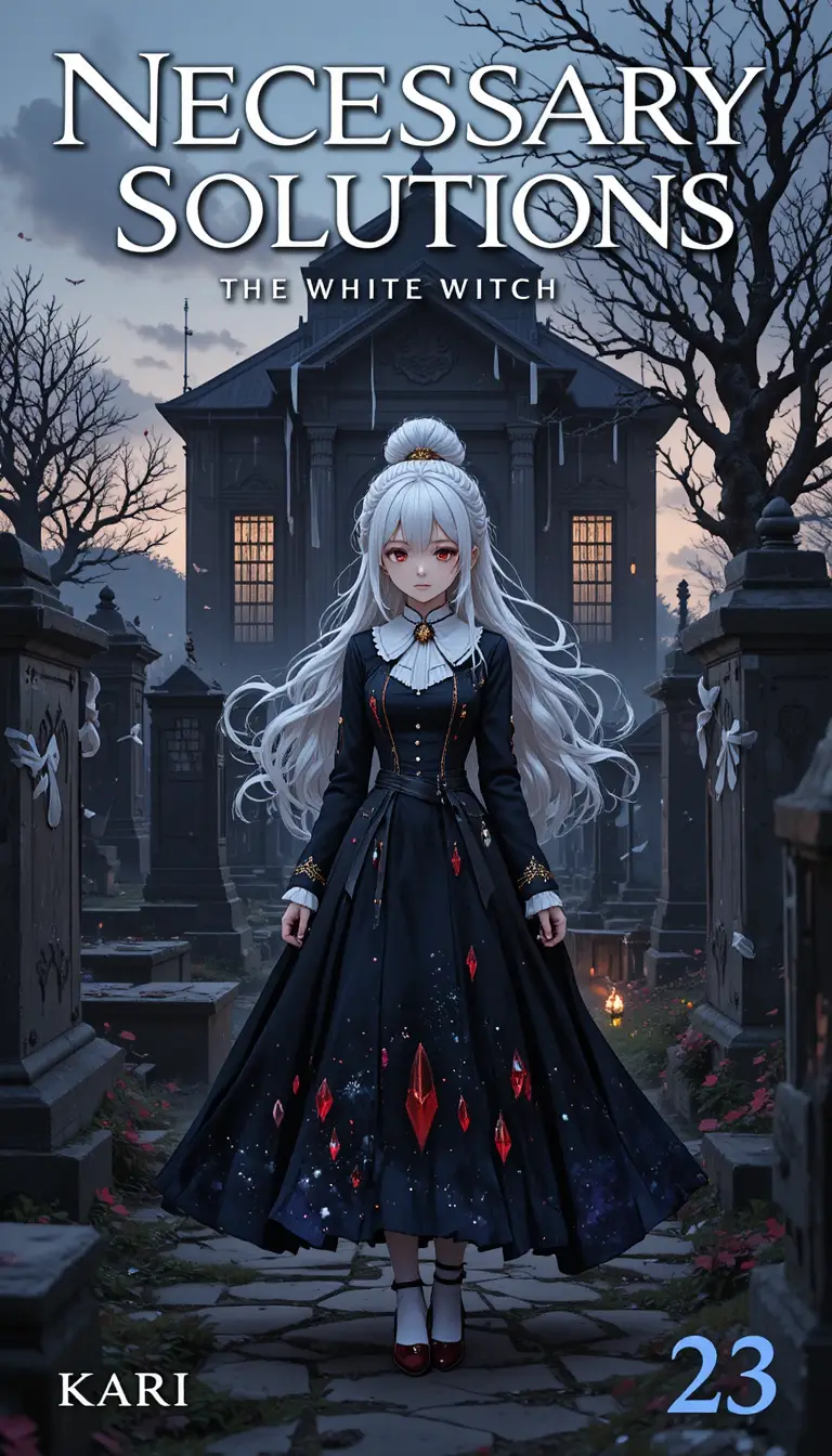 White haired anime girl in a dark fantasy cemetery