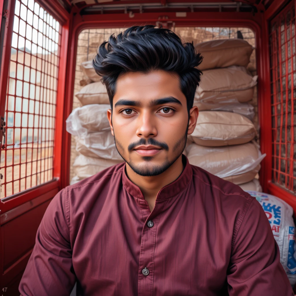 Young man in maroon shirt inside red metal vehicle frame