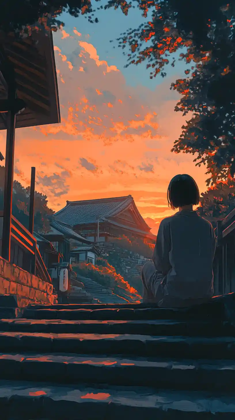 Young woman on Japanese house steps at sunset