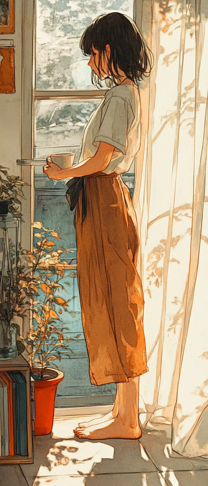 Young woman sighing softly in a sunlit apartment