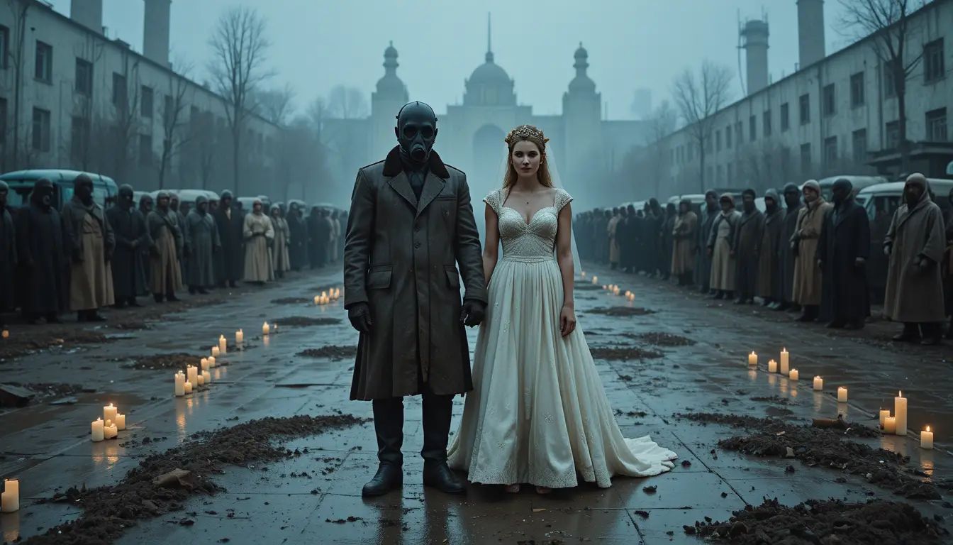 Bride and groom in gas masks at ruined Chernobyl square
