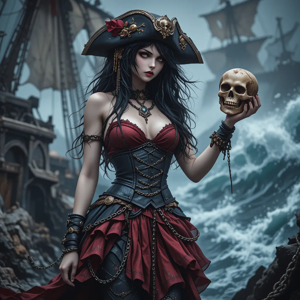 Pirate captain woman holding skull on stormy ship deck
