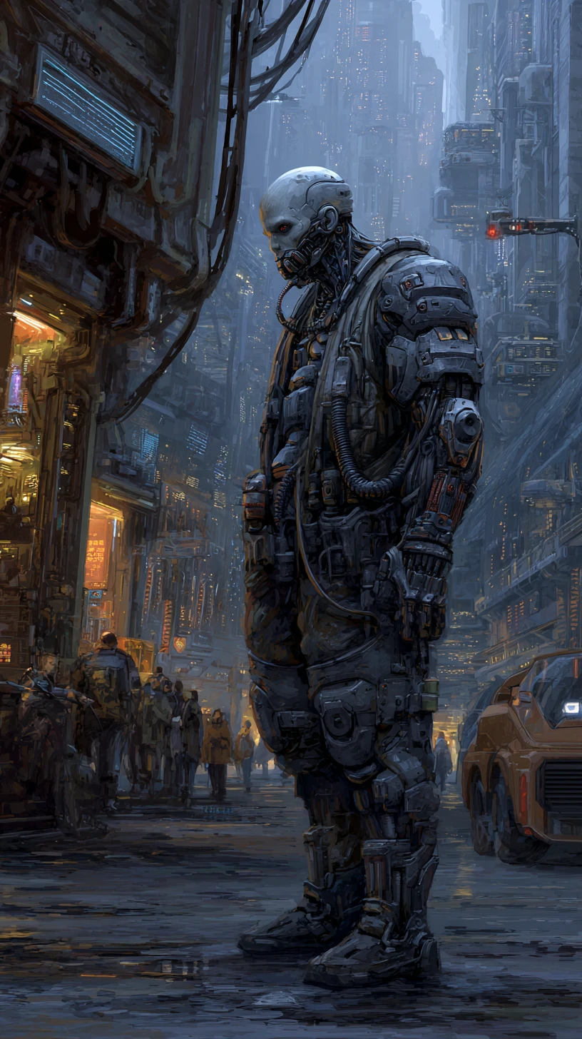 Cyborg de cuerpo completo con armadura pesada en un mundo cyberpunk oscuro