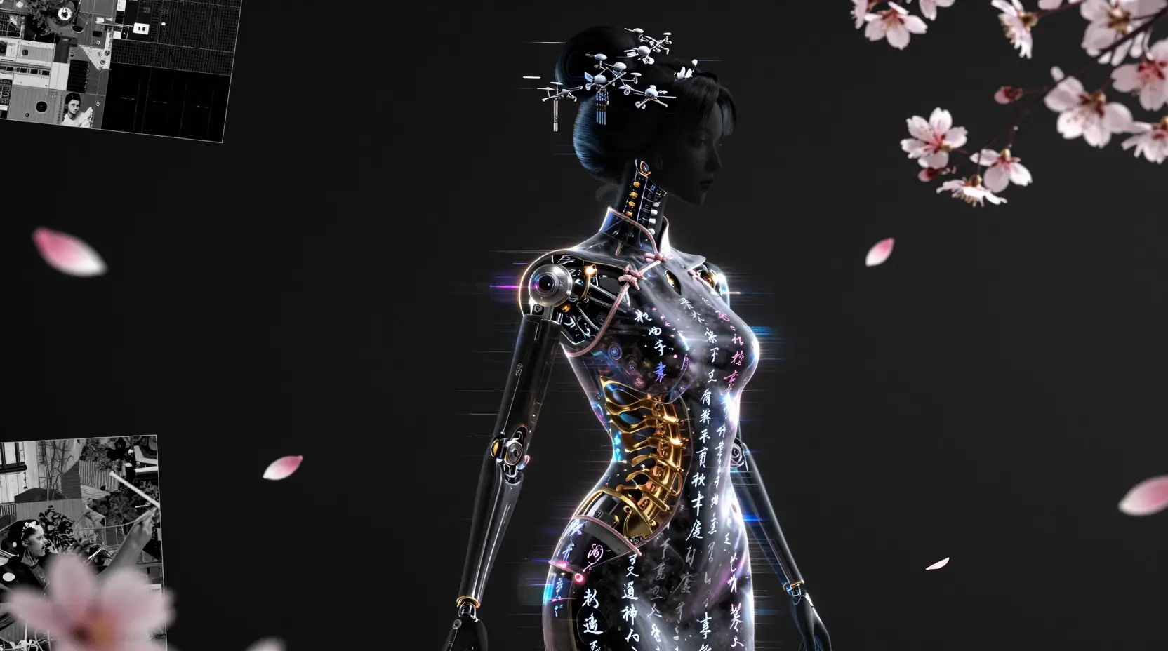 Biomechanical geisha with neon sakura in cinematic silhouette