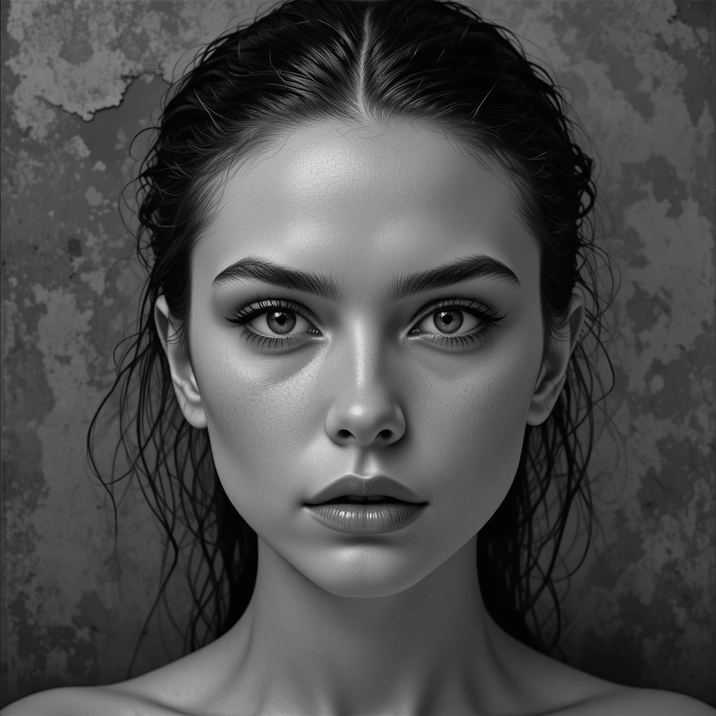 Somber grayscale portrait of a young woman with wet hair