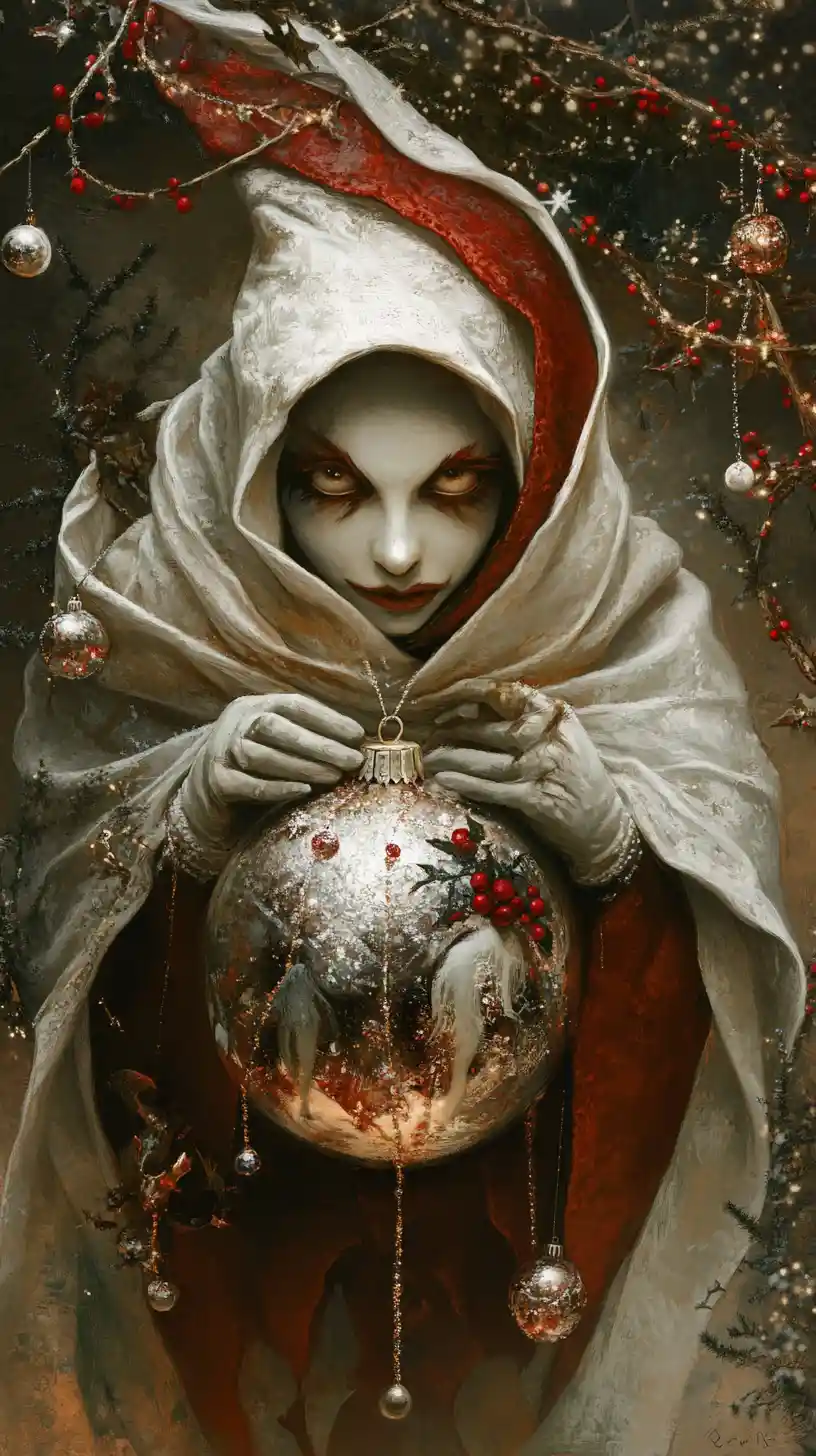Mimo navideño fusionado con adorno en escena de fantasía oscura