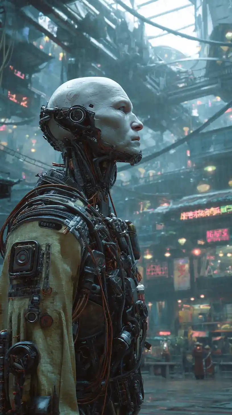 Vollkörper-Cyberpunk-Cyborg in dunkler futuristischer Rüstung