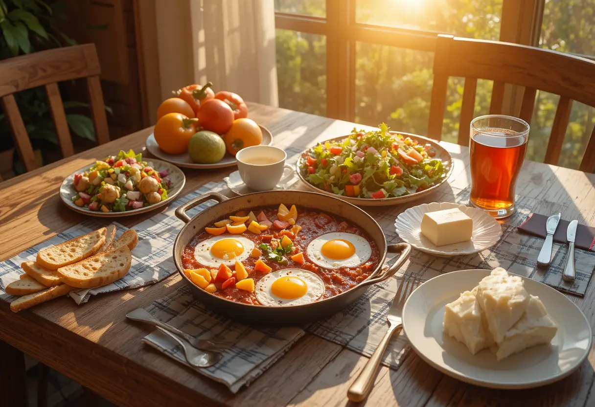 卵サラダと紅茶のある晴れた朝食テーブル