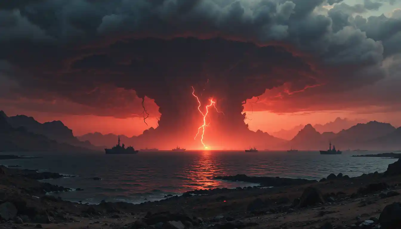 Littoral apocalyptique au coucher du soleil avec des navires de guerre à l’horizon
