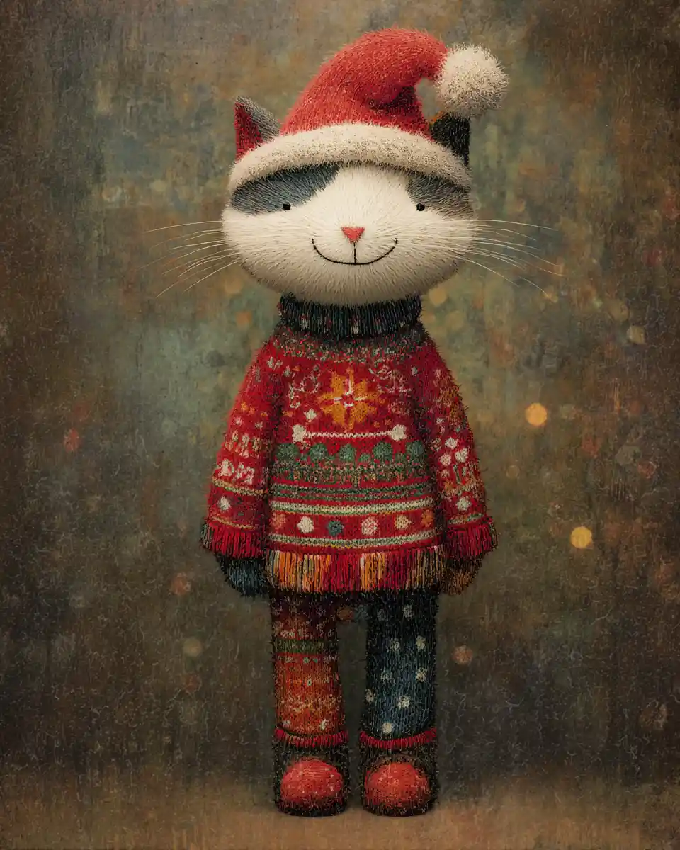 Pirate cat decorating a Christmas tree in cozy bokeh room