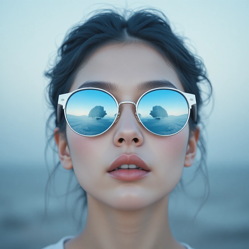 Young woman in sunglasses with dreamy blue reflection