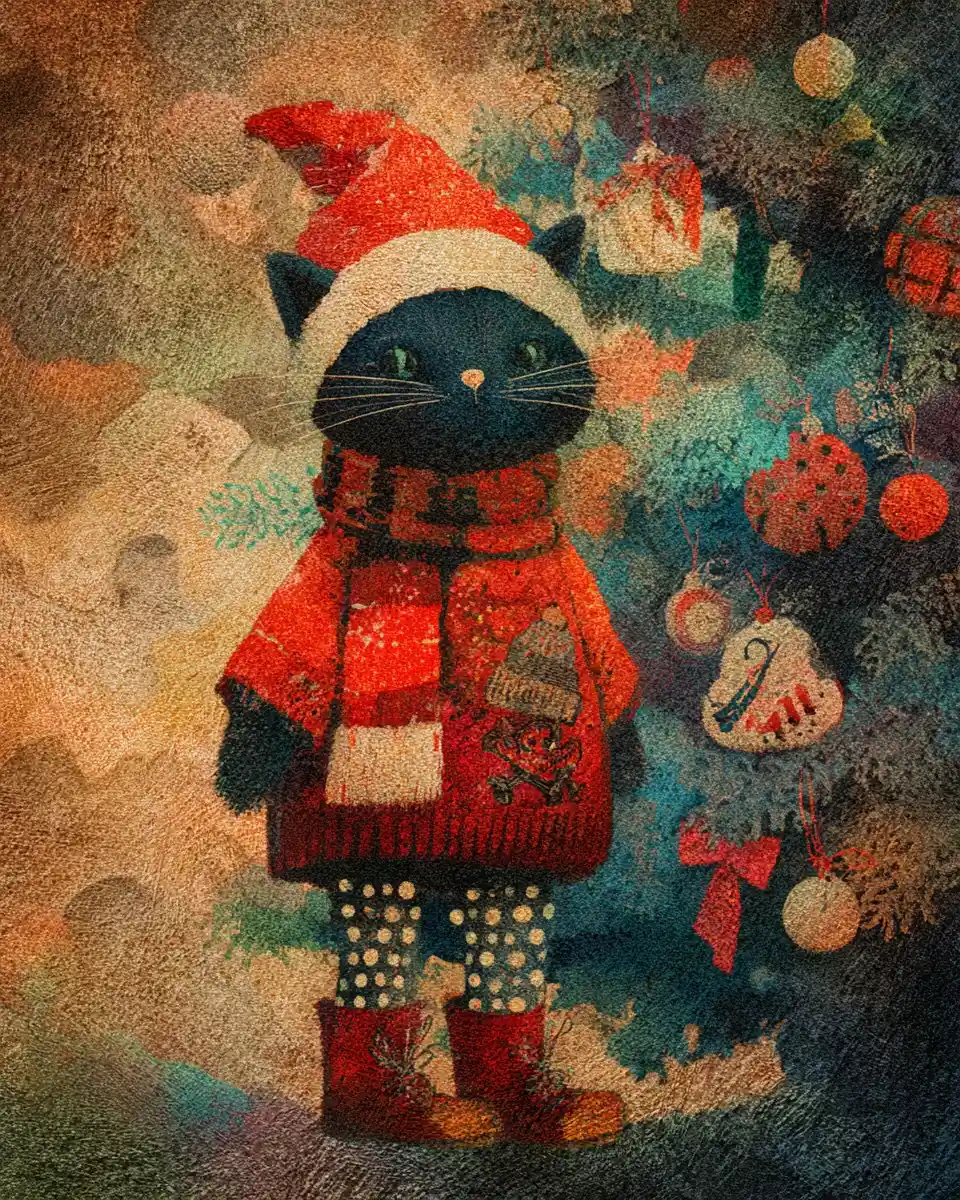 Pirate cat decorating a Christmas tree in cozy illustration