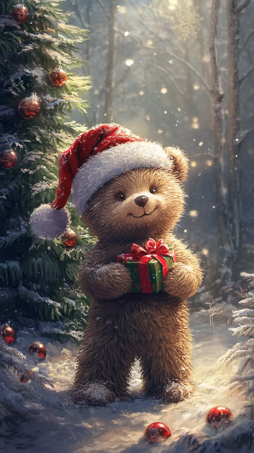 Cute teddy bear by a Christmas tree in snowy forest
