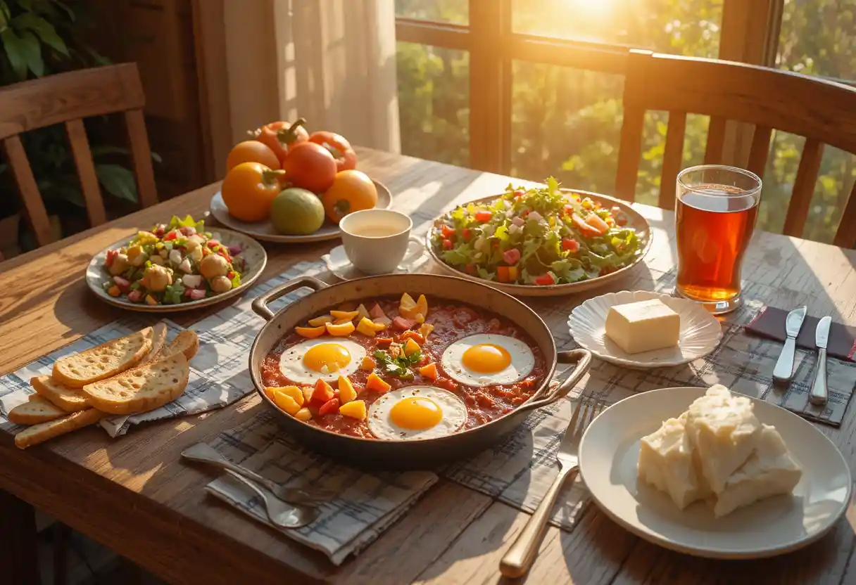 Mesa de desayuno soleada con huevos, ensalada y té