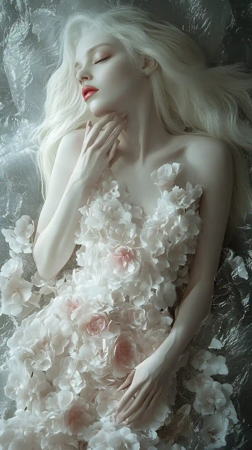 Albino woman in petal dress before frozen floral wall