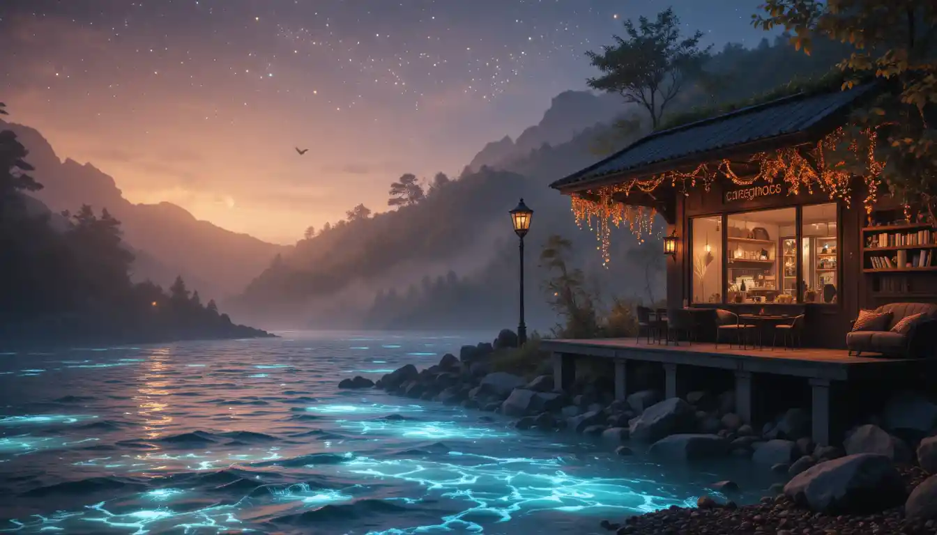 Fiume di caffè bioluminescente che scorre tra chicchi di caffè luminosi