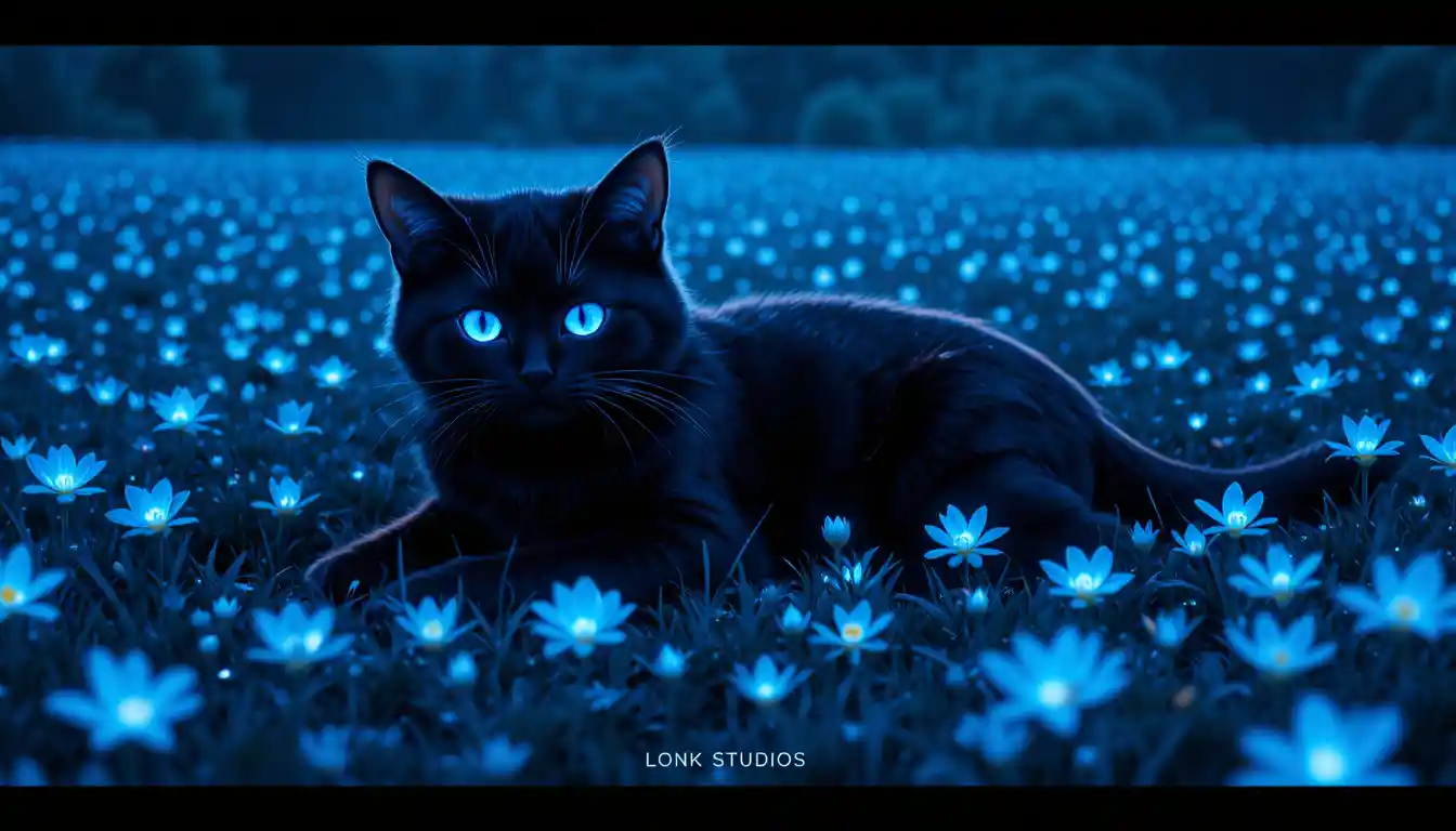 Schwarze Anime-Katze im leuchtenden mitternachtsblauen Blumenfeld