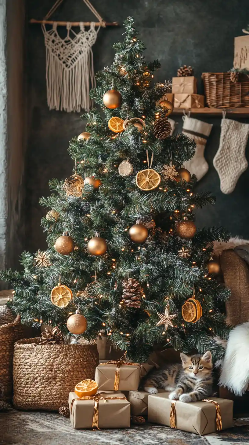 Salon chaleureux avec sapin de Noël et chatons endormis