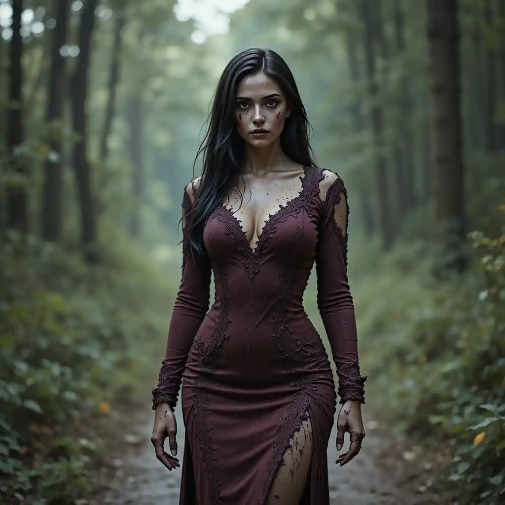 Mature woman in torn burgundy dress on forest path