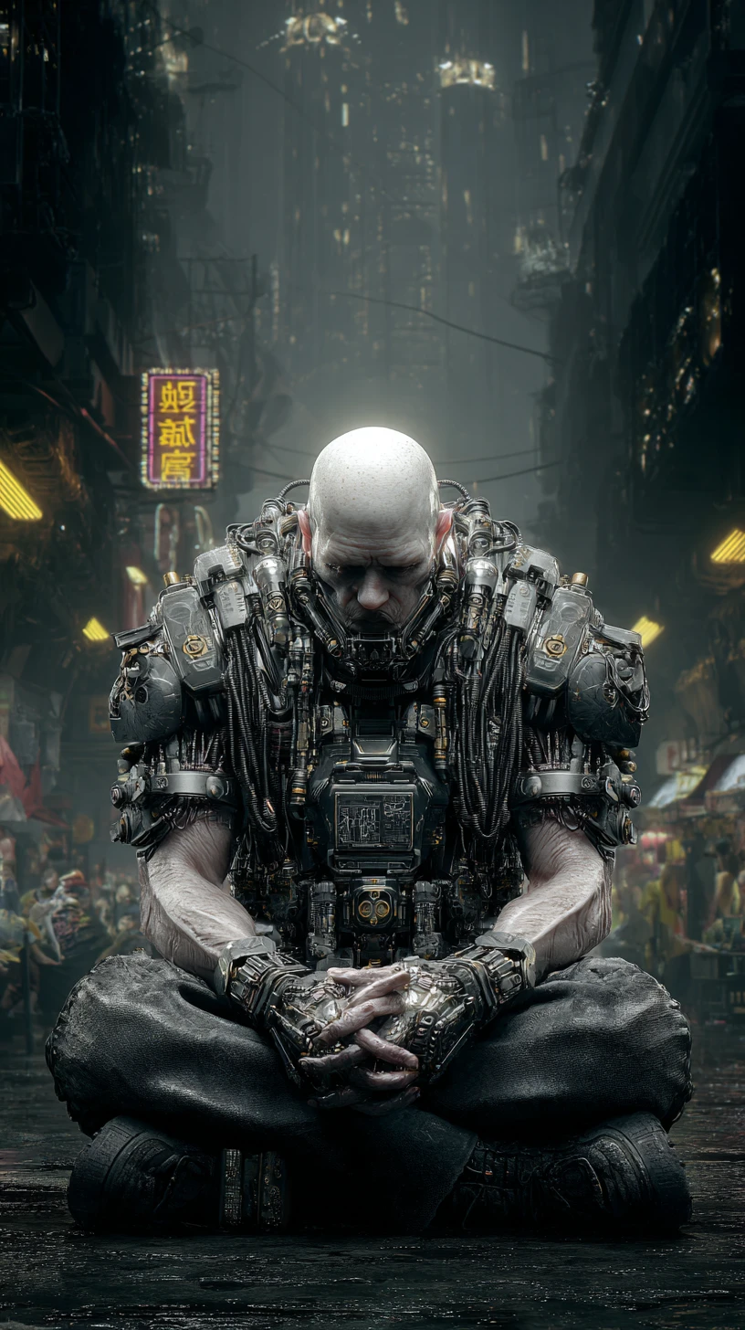 Menacing cyborg in heavy armor standing in a dark city