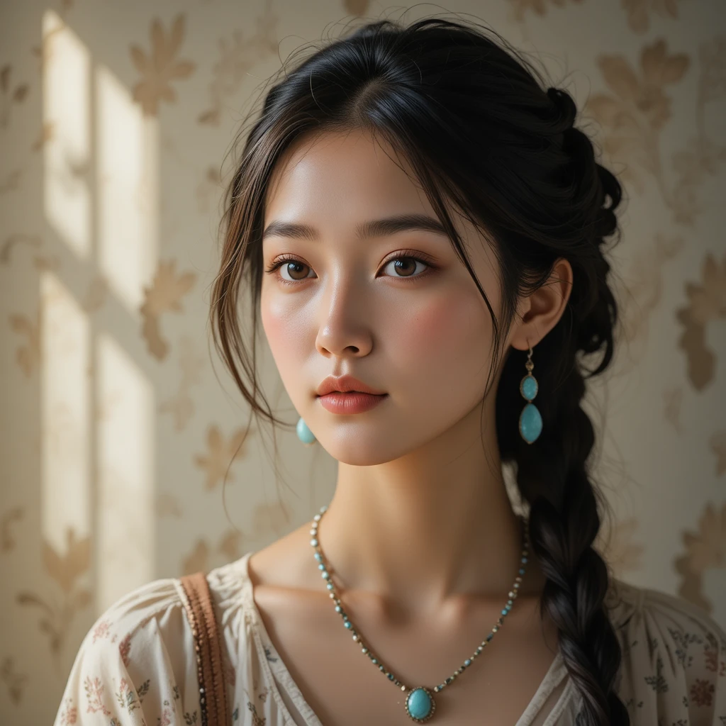 Serene portrait of young Asian woman in bohemian blouse