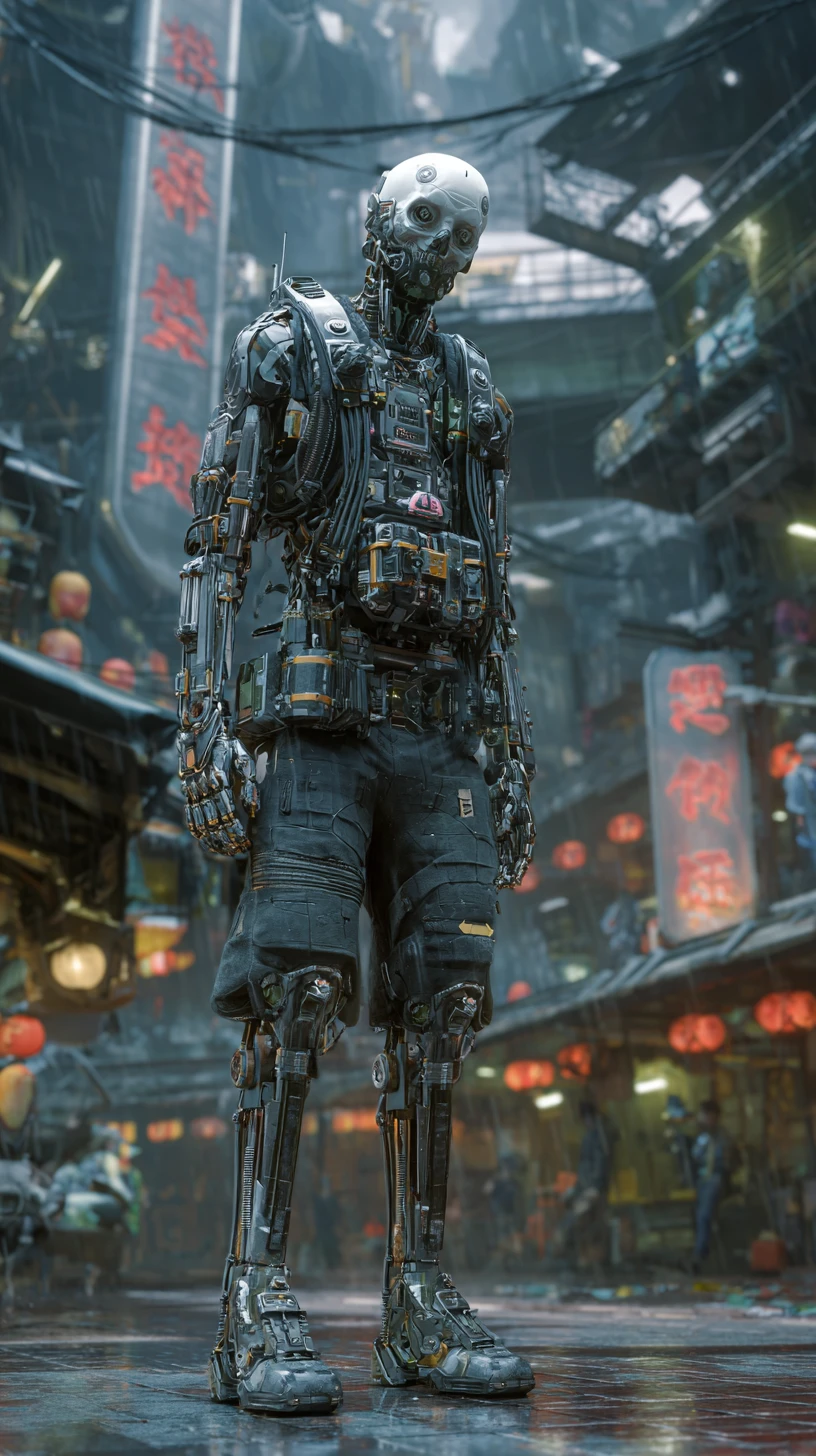 Cyborg cyberpunk blindado con mandíbula mecánica amenazante