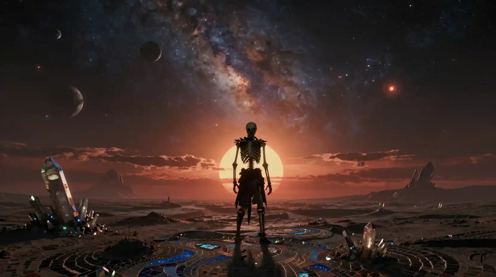 雙日落下的異星世界中的孤獨骷髏戰士