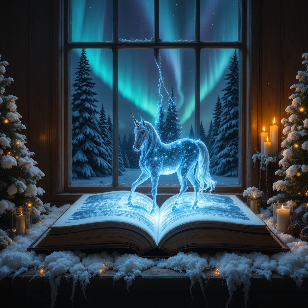Magical unicorn rising from an old book in winter