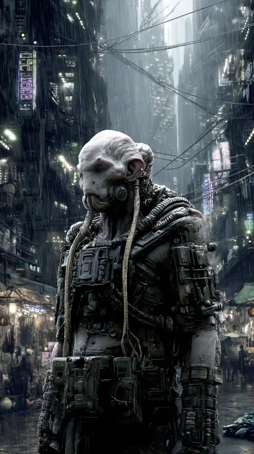 Cyborg cyberpunk menaçant en lourde armure tactique