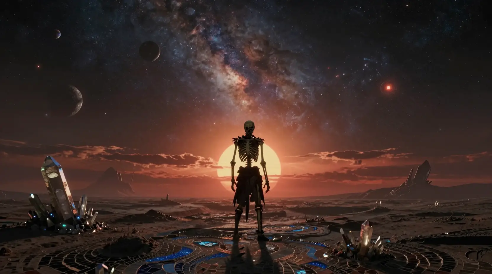 Lone skeleton warrior on an alien world at binary sunset