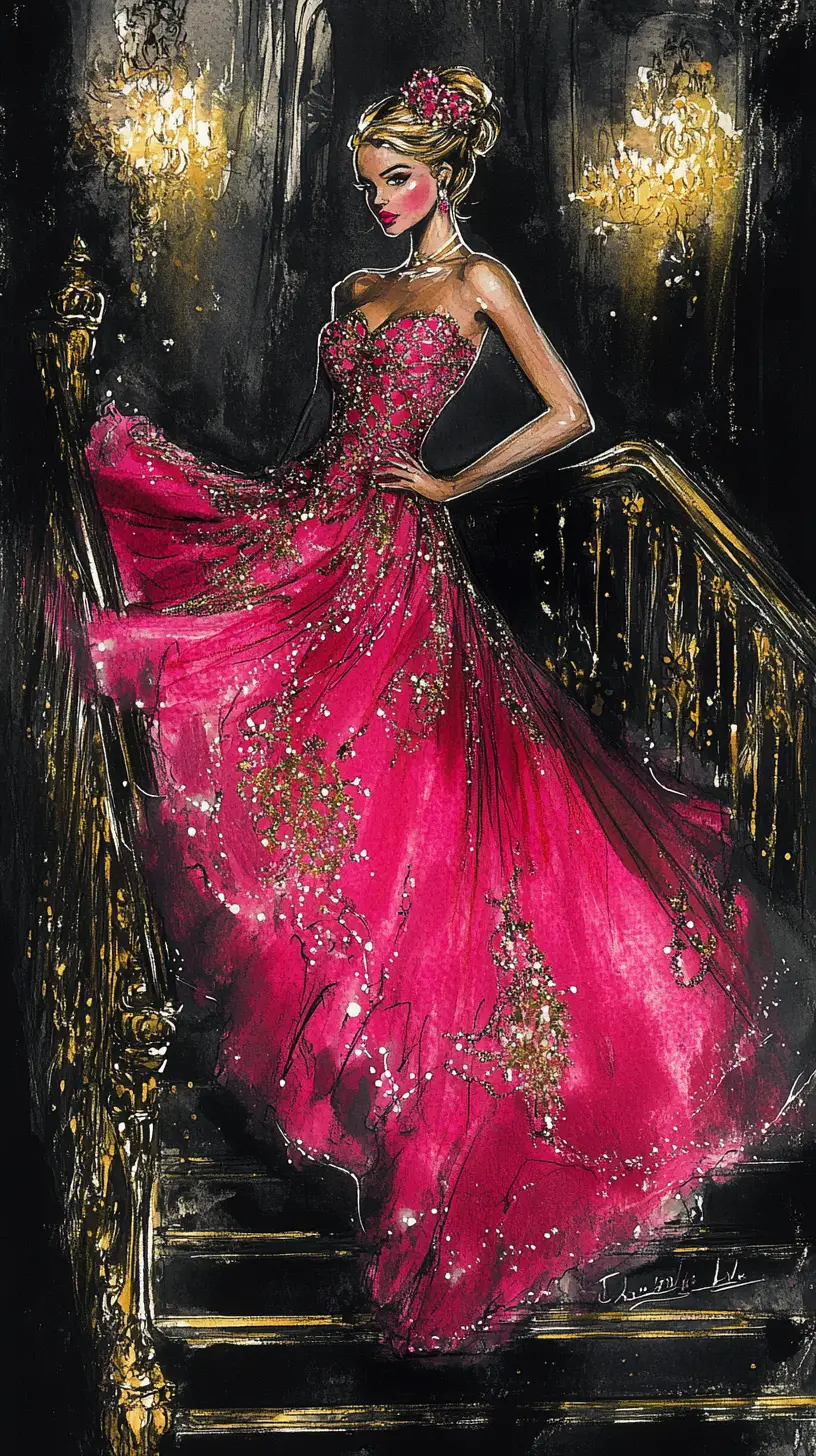 Glamorous woman in pink gown on ornate grand staircase