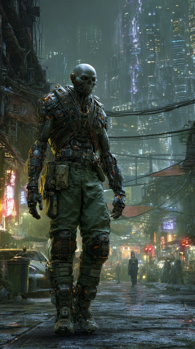 Full body cyberpunk cyborg zombie in tactical armor