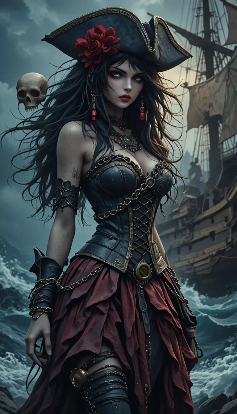 Piratenkapitänin hält einen Schädel auf einem sturmgepeitschten Deck