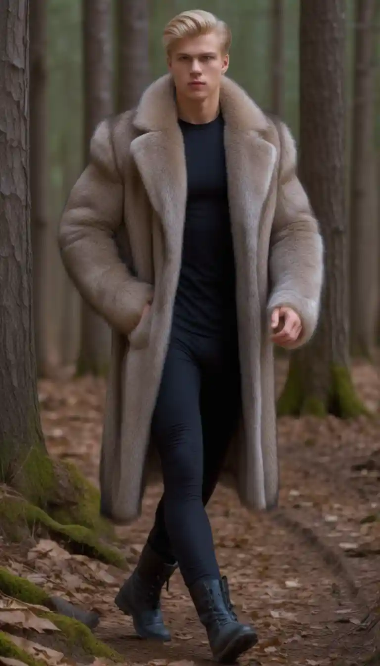 Blond teenage boy walking in a winter forest